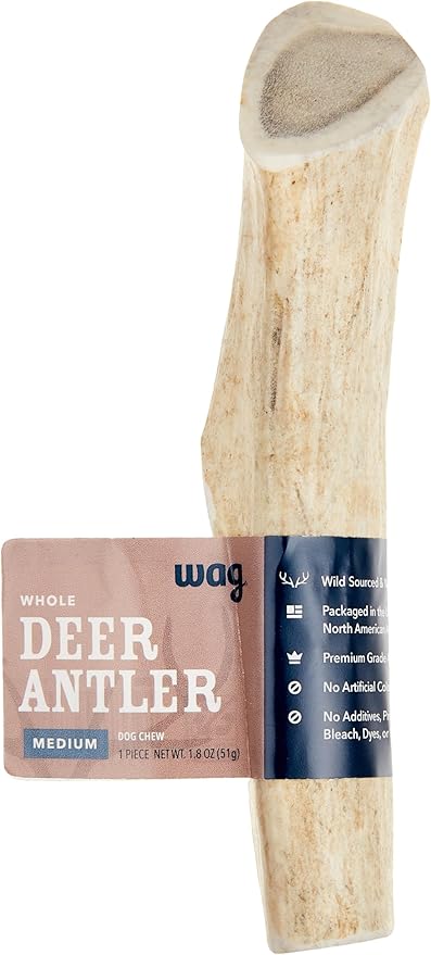 Amazon Brand - Wag Deer Antler Chew for Dogs, Naturally Shed, Whole, Medium 6 - 7.5 inches, Long Lasting for Aggressive Chewers, Best for Dogs 15-30 lbs, 1.80 Ounce (Pack of 1)