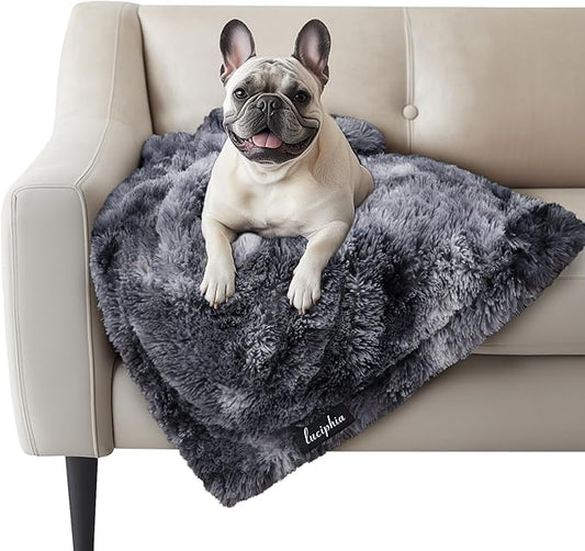 Luciphia Large Waterproof Dog Blanket for Pet Washable Liquid Proof Furniture Protector Shaggy Plush Calming Long Faux Fur Bed Cover for Couch Calming Cat Blankets for Medium, Tie-dye Grey, 30" x 40"