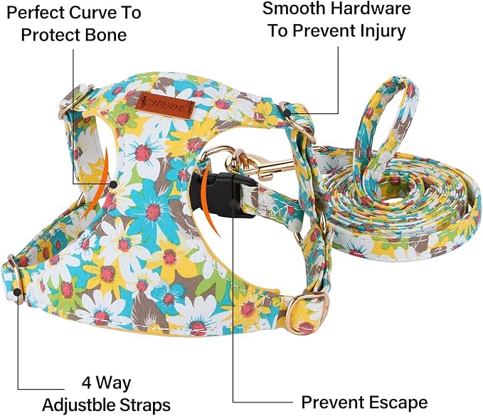 CHEDE No Pull Floral Pattern Dog Harness- Lightweight and Soft Dog Harness, Adjustable Small Dog Harness and Leash Set, with Dog Leash, Suitable for Puppy Small and Medium-Sized Dog
