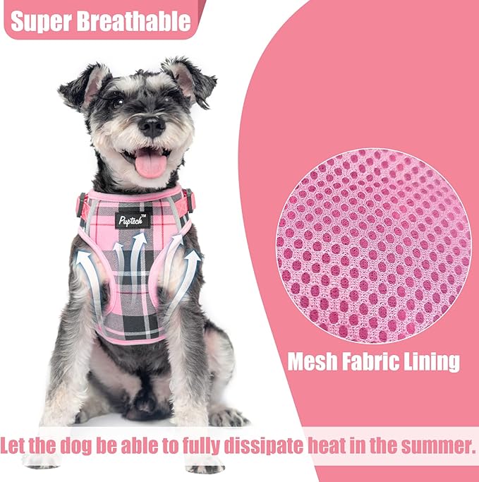 PUPTECK Dog Harness and Leash Collar Set for Small Medium Dogs Puppy and Cats Walking No Pull Adjustable Reflective Soft Mesh Padded Plaid Harnesses Pet Accessories, Pink, M