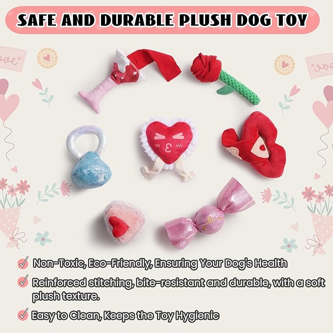 Nocciola Squeaky Dog Toys for Girls, Adorable Plush Ruffled Rose Heart Puppy Toy to Keep Them Busy, for Small, Medium and Large Breeds, 7 Pack