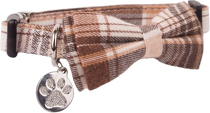 ADOGGYGO Soft Dog Collar, Brown Plaid Pet Collar with Detachable Bow Tie Adjustable Plaid Bowtie Collars for Small Medium Large Dogs Pets (Small)
