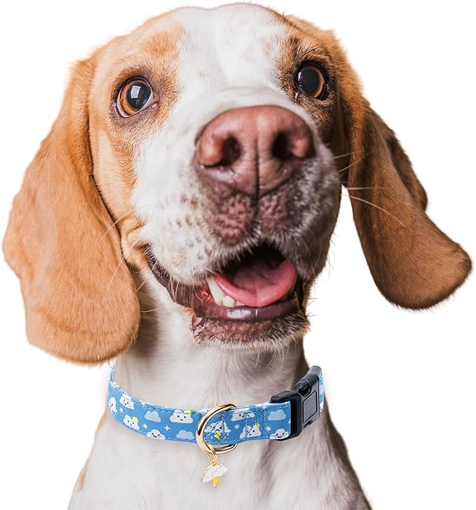 Cotton Dog Collar,Adjustable Cute Puppy Collar with Moon Patterned Design for Small Medium Large Dogs,Soft and Fancy Pet Collar with Safety Buckle for Girl Boy Dogs (Blue Cloud, S)