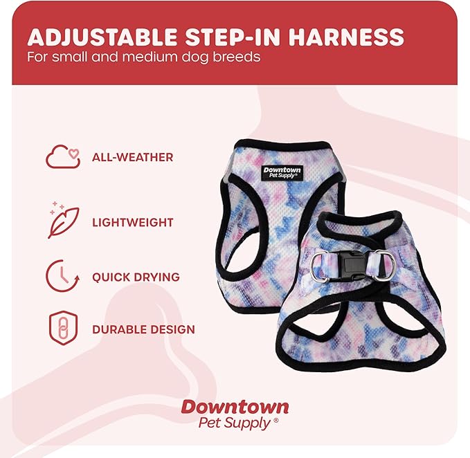 Downtown Pet Supply Step in Dog Harness for Small Dogs No Pull, X-Small, Tie Dye Pink/Purple - Adjustable Harness with Padded Mesh Fabric and Reflective Trim - Buckle Strap Harness for Dogs
