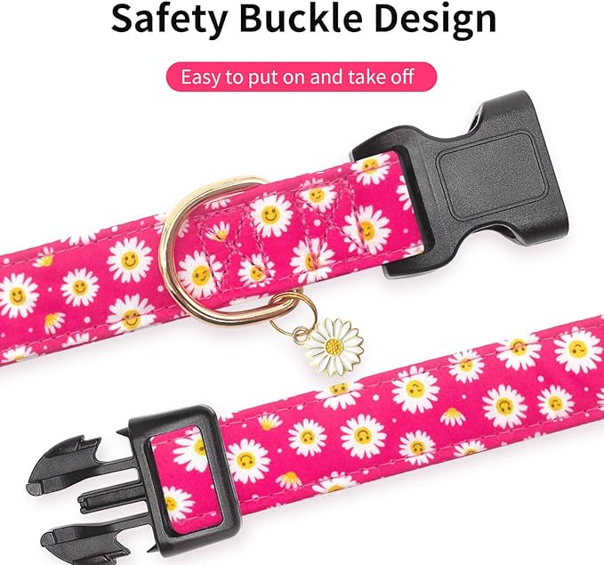 Cotton Dog Collar,Soft and Cute Puppy Collars with Flower Patterned Design for Girl Female Boy Dogs,Adjustable Buckle Pet Collar for Small Medium Large Dogs (Rose Red Flower, S)
