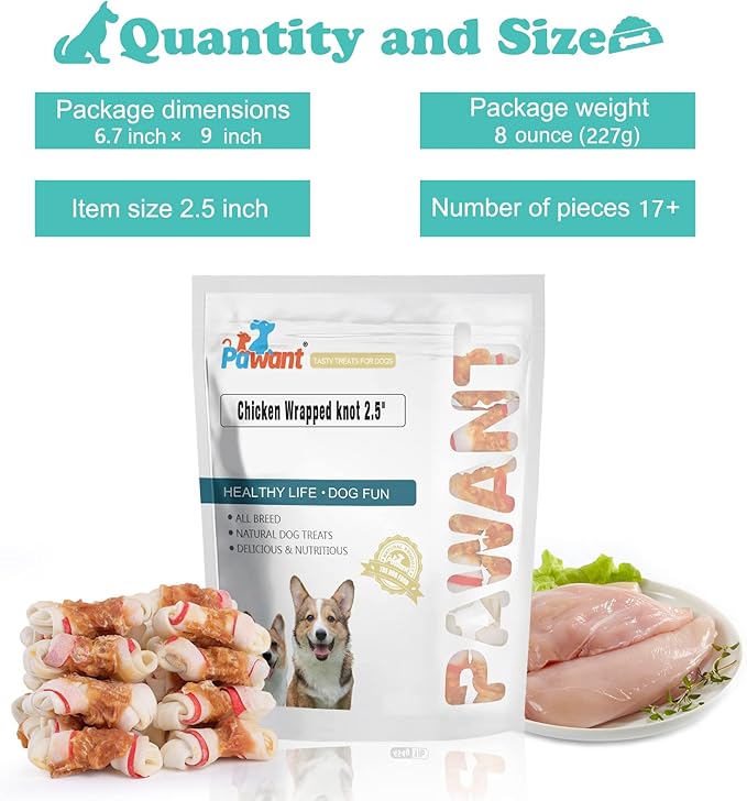 Dog Treats Chicken Wrapped Rawhide Bones for Small Dog Treats Puppy Chews Snacks Promotes Healthy Chewing Chicken Wrapped Knot 2.5" 0.5lb