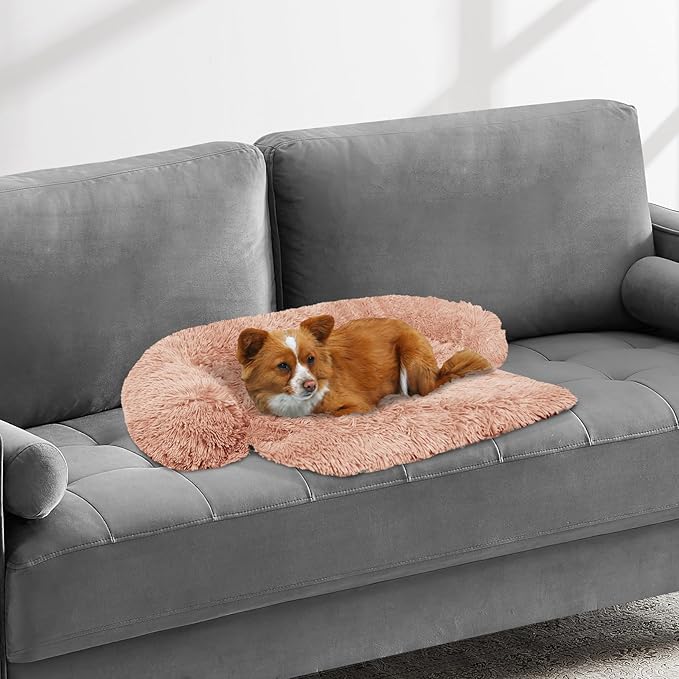 Calming Dog Bed Fluffy Plush Dog Mat for Furniture Protector with Removable Washable Cover for Large Medium Small Dogs and Cats (XS (31"x23.5"x5"), Pink)