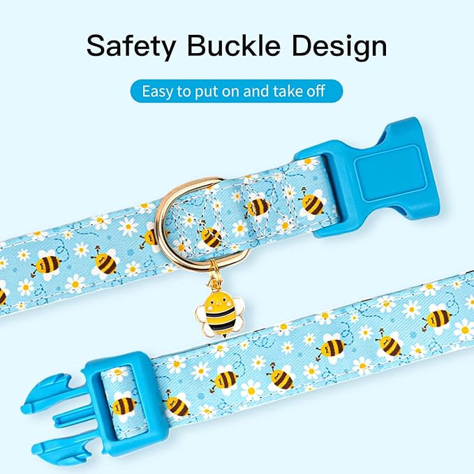 Dog Collars with Buckle Adjustable for Cute Girl Female Boy Dogs,Special Soft and Fancy Dog Pet Collar with Bee Design for Small Medium Large Dogs (Medium, Blue-Bee)