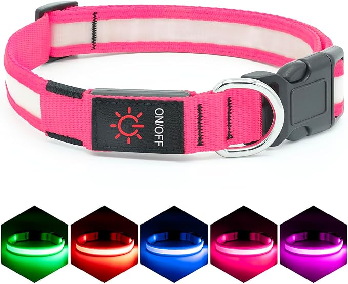 Vizpet LED Dog Collar, Light Up Dog Collar Adjustable USB Rechargeable Super Bright Safety Light Glowing Collars for Dogs (X-Large, Pink)