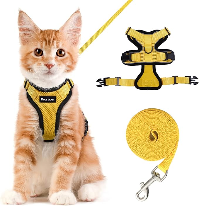 Dooradar Cat Harness and Leash Set, Escape Proof Safe Adjustable Kitten Vest Harnesses for Walking, Easy Control Soft Breathable Mesh Jacket with Reflective Strips for Cats, Yellow, S