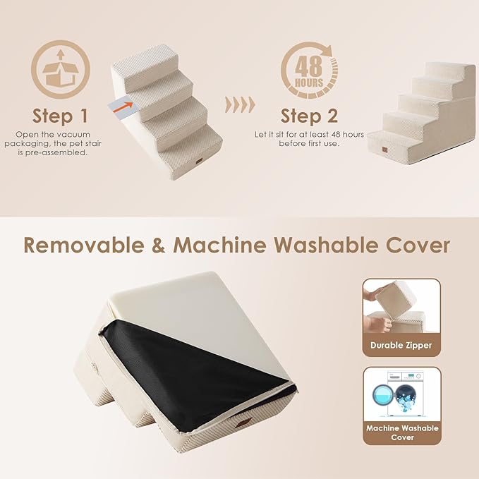 EHEYCIGA Dog Stairs for High Bed 22.5”H, 5-Step Dog Steps for Bed, Pet Steps for Small Dogs and Cats, Non-Slip Balanced Pet Ramp Indoor, Beige