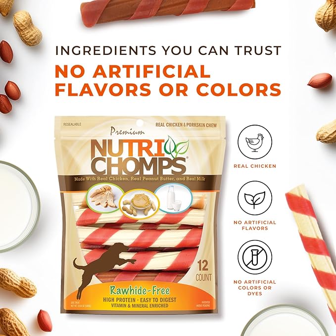 NutriChomps Dog Chews – 6-inch Twists, Easy to Digest, Rawhide-Free Dog Treats, Healthy, 12 Count, Real Chicken, Peanut Butter and Milk flavors