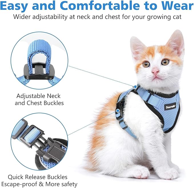 Dooradar Cat Harness and Leash Set, Escape Proof Safe Adjustable Kitten Vest Harnesses for Walking, Easy Control Soft Breathable Mesh Jacket with Reflective Strips for Cats, Light Blue, XXS
