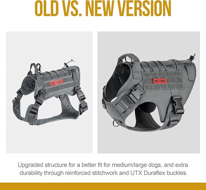 OneTigris Tactical Dog Harness Vest,Adjustable Dog Harness for Large Dogs,No-Pull Service Dog Vest with Hook & Loop Panels(Grey,X-Large)