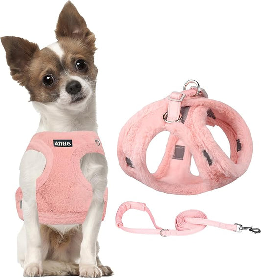 AIITLE Plush and Faux Suede Dog Winter Harness and Leash Set - Breathable Warm Dog Harness - Magic Tape Design Fleece Lined Dog Vest for Cold Weather, Easy to Put on Small and Medium Dogs Pure Pink S