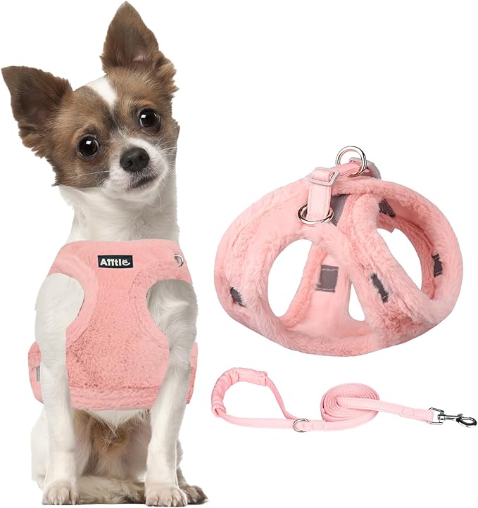 AIITLE Fleece Lined Dog Harness and Leash Set for Walking - Winter Step in Vest Harness,Reflective Bands, Adjustable No Choke Pet Supplies, for Small Dogs and House Cats Pure Pink XS