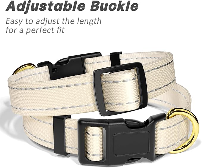 Reflective Dog Collar for Large Dogs, Cute Adjustable Heavy-Duty Nylon Puppy Collars for Boy and Girl Female, Soft Pet Accessories with Quick Release Buckle, Neck 16-24", Beige