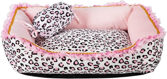 Gigreinc Dog Bed for Small Dogs - Cute Pink Leopard Dog Bed,Cat Beds for Indoor Cats Washable - Square Shape Cat Dog Sofa Bed Pet House Nest Cave(L, 22.0" L x 17.0" W x 6.0" Th