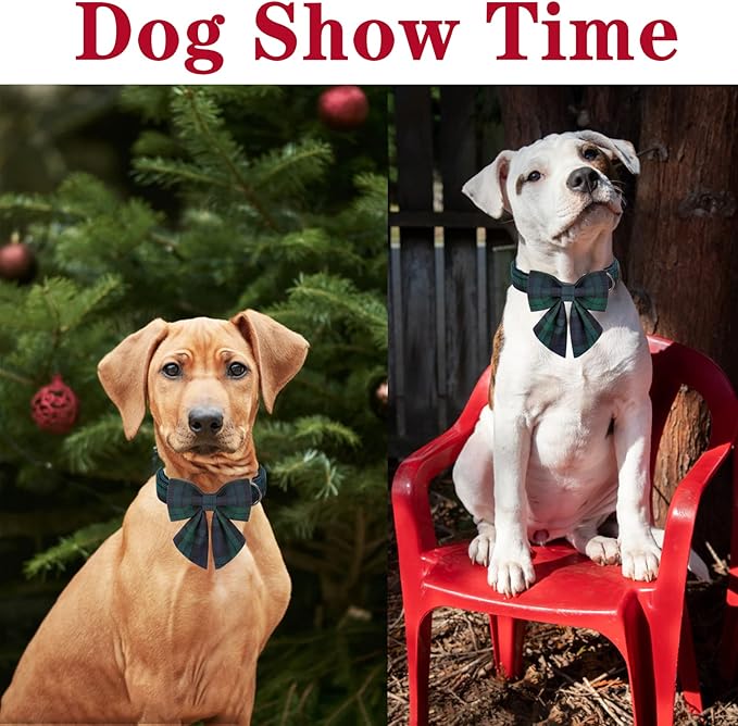 Unique style paws Christmas Dog Collar with Bow Tie Green Plaid Puppy Collar for Small Medium Large Dogs as Autumn Winter Pet Gifts-XL
