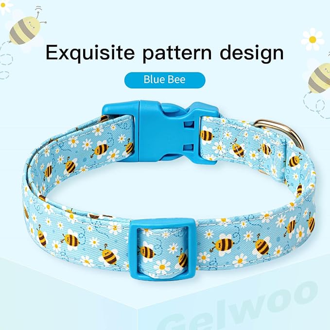 Dog Collars with Buckle Adjustable for Cute Girl Female Boy Dogs,Special Soft and Fancy Dog Pet Collar with Bee Design for Small Medium Large Dogs (S, Blue-Bee)