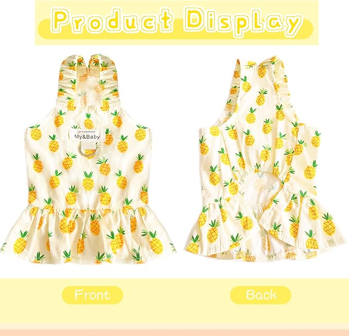 Dog Dress, XXL Fruit Print, Cotton, for Small Dogs & Cats, Princess Birthday, Harness & Leash Set, Yellow Pineapple