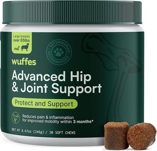 Wuffes Advanced Dog Hip and Joint Supplement with Glucosamine, Chondroitin, Omega 3, MSM, and Green Lipped Mussel, 30 Pork Flavored Chews for Large Dog Breeds