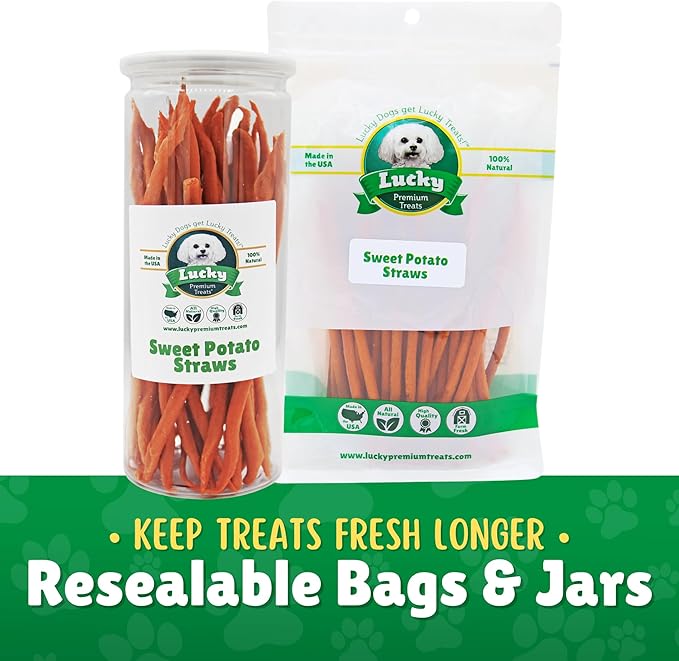 Lucky Premium Treats Sweet Potato Straws Sweet Potato Dog Treats 13oz. – All Natural Chewy Veggie Dog Treats Small Dogs & Medium Dogs – Training Reward Made in USA – Shareable Small Dog Treats
