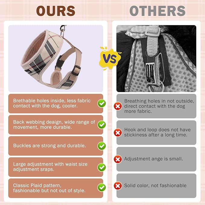 SCENEREAL No Pull Dog Harness Collar and Leash Set Small Medium Sized Dog, Soft Mesh Step in Puppy Harnesses, No Chock Plaid Adjustible Pet Vest for Outdoor Walking Training and Running, Beige XS