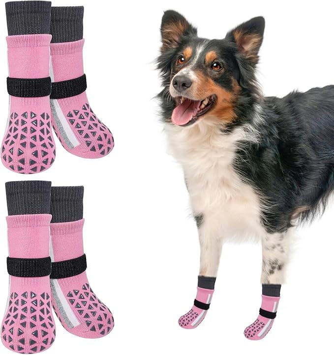 SCENEREAL Anti Slip Dog Socks for Hot Pavement to Prevent Licking Paws, Long Sporty Style Reflective Dog Grip Socks for Hardwood Floors, Dog Shoes Booties&Paw Protector for Large Senior Dog, Pink L