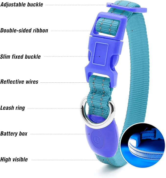 Visinite Light Up Dog Collars for Small Dogs,LED Dog Collar Light Rechargeable,Fully Adjustable Lighted Dog Collar,Glow in The Dark Dog Collars with Dog Lights for Night Walking,Blue