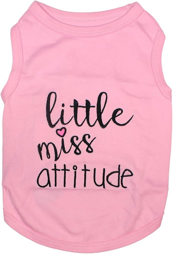 Parisian Pet Dog Tshirt - Embroidered “Little Miss Attitude“ Tank Top - 100% Cotton, Lightweight Dog Clothes Female - Sleeveless Pink Tee Shirts for Small Dogs Girl - XS