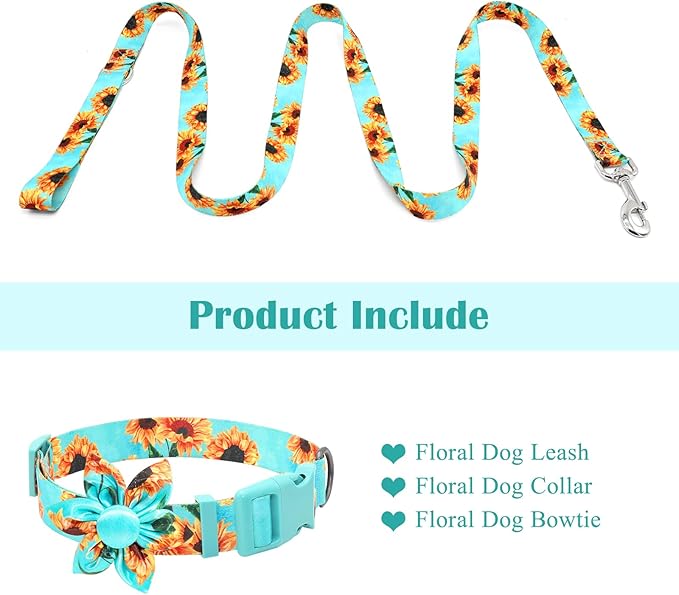 Cute Dog Collar and Leash Set 6 ft/Foot Dog Leash and Collar Adjustable Dog Harness and Leash Set Puppy Collars with Beautiful Floral Bow Tie for Small Medium Large Female Male Dogs,Sunflower-Teal