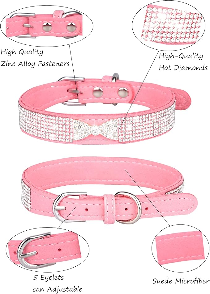 Dog Collar for Small Dogs, Adjustable Leather Suede Bling Dog Collars，Pink Dog Collar Cat Collar, Rhinestone Dog Collar (L, pink4)