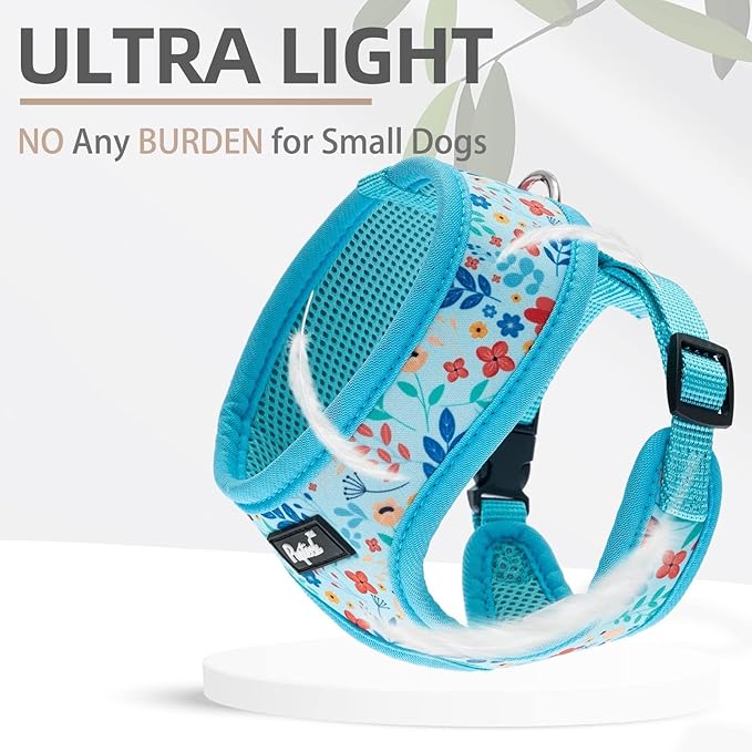 PUPTECK Soft Mesh Dog Harness and Leash Set Pet Puppy Cat Comfort Padded Vest No Pull Harnesses, Blue Floral, S