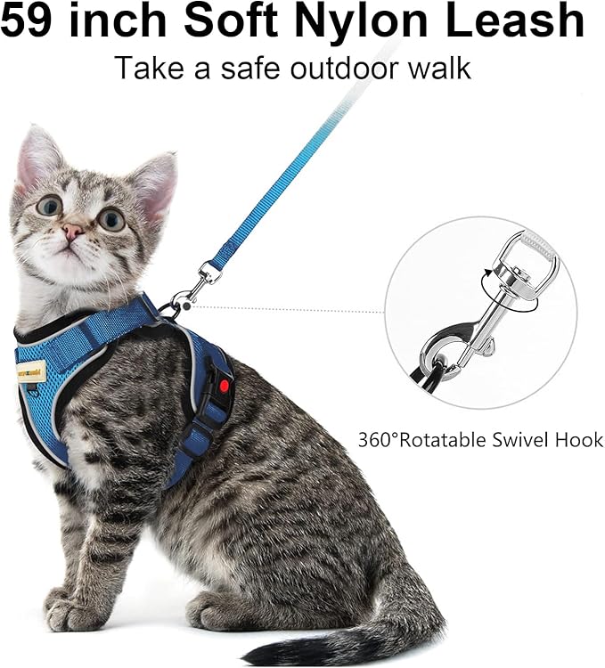 Cat Harness and Leash for Walking, Retractable Cat Harnesses and Leash Set Escape Proof, Breathable Soft Kitten Small Large Harness for Travel Training and Walking, Blue, XS