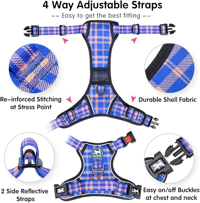 PoyPet No Pull Dog Harness, Reflective Adjustable No Choke Pet Vest with Front & Back 2 Leash Attachments, Soft Control Training Handle for Small Medium Large Dogs(Checkered Blue & Orange,S)