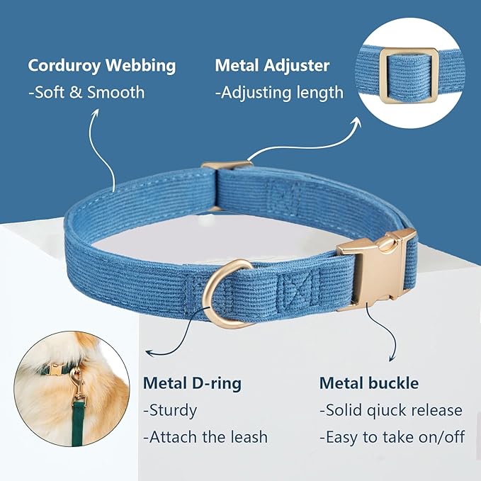 Soft Corduroy Dog Collar and Leash Set, Adjustable Cotton Dog Collars with Metal Buckle and Lead for Small Dogs,Blue