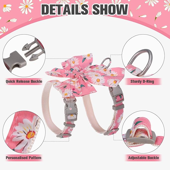 PAWCHIE Cat Harness and Leash Set with Bow Knot,Cats Escape Proof-Adjustable Daisy Floral Kitten Harness Soft Outdoor Walking Travel Pet Harness,Puppy Harness for Girl Cats Bunny Rabbit Small Dog,Pink