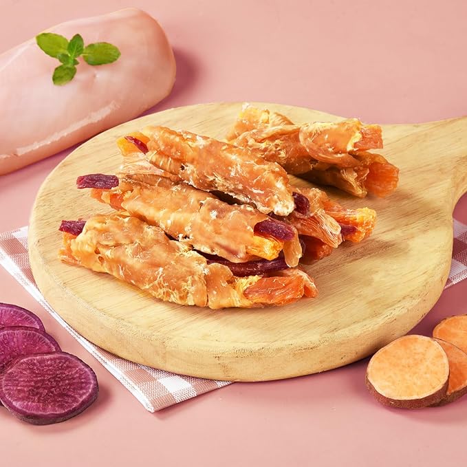Dog Treats, Double Sweet Potato Chicken Jerky Wrapps Healthy Rawhide-Free Dog Treats Chicken Jerky Low Fat High Protein Snacks Chewy for Small Medium Large Dogs 12-15 Counts