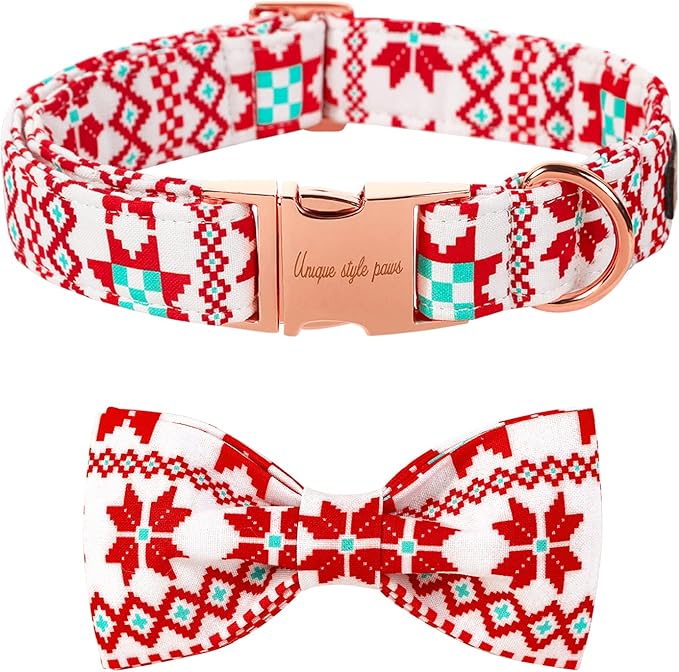 Unique style paws Christmas Dog Collar with Bow Tie Red White Grid Cotton Collar Adjustable Puppy Plaid Collar for Small Medium Large Dogs-XL