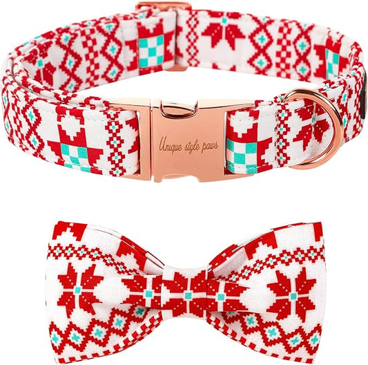 Unique style paws Christmas Dog Collar with Bow Tie Red White Grid Cotton Collar Adjustable Puppy Plaid Collar for Small Medium Large Dogs-XL