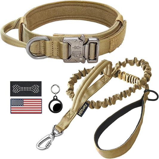 Hotsky Tactical Dog Collar and Leash Set, Heavy Duty Military Airtag Dog Collar with Handle and Metal Buckle for Training and Walking, with Airtag Holder and Two Patches (Brown, M)