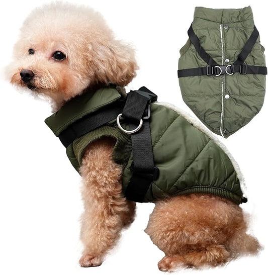 Dog Jacket with Harness,Fleece Lined Warm Puppy Coat for Winter,Soft Windproof Small Dog Vest,Green XS