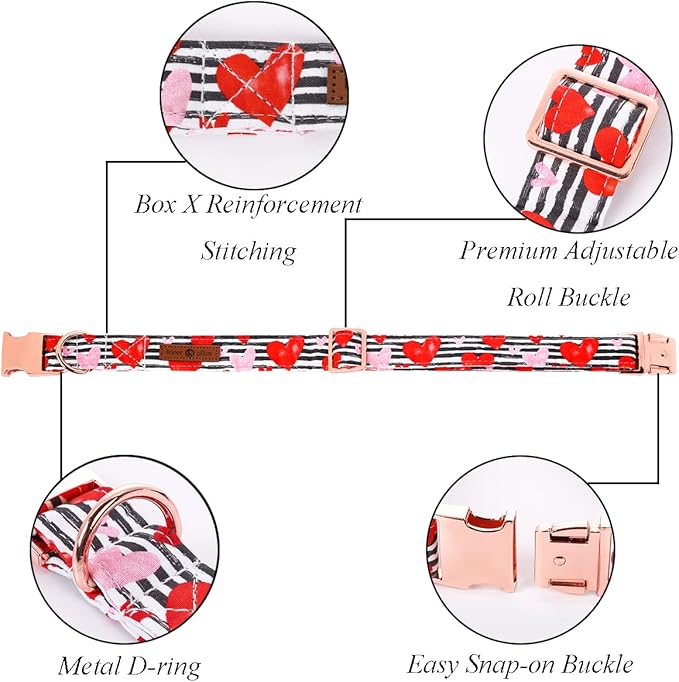 Lionet Paws Valentine Dog Collar, Heavy-Duty Cute Red Heart Pattern Fabric Pet Collar with Metal Buckle for Small Medium, Neck 13.5-22 inches