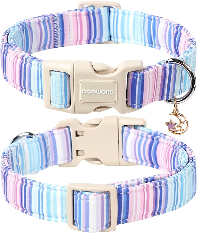 DOGWONG Blue Dog Collar, Beach Stripe Dog Collar Adjustable Soft Natural Fabric Girl Boy Pet Dog Collars Cute Puppy Necklace for Small Medium Large Dogs