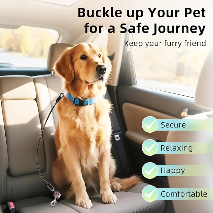Dog Seat Belt for Car, 32" Chew-Proof Coated Wire Dog Car Leash Seat Belt, Dog Leash with Buckles and Latch, Safety Harness for Small, Medium, Large Dog or Cat, Travel, Black, 1 Pack