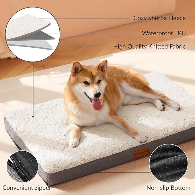 Patas Lague Orthopedic XL Dog Bed for Large Dogs 42''X28'', Soft Comfortable Waterproof Egg Crate Foam Big Large Pet Beds Mat with Removable Washable Cover, Ivory