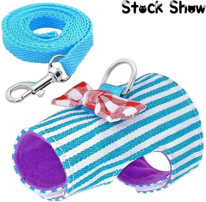 Small Pet Outdoor Walking Harness Vest and Leash Set with Cute Bowknot Decor Chest Strap Harness for Rat Ferret Hamster Squirrel Clothes Accessory, Blue Stripe