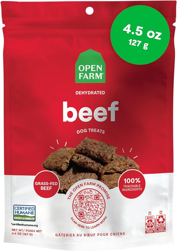 Open Farm, Dehydrated Dog Treats, High Protein & Low Carbohydrate Dog Snacks, Chewy Texture, Made with Ethically & Sustainably Sourced Ingredients, Grass-Fed Beef Recipe, 4.5oz Pouch