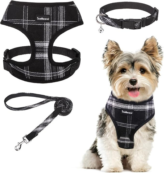 SCENEREAL No Pull Dog Harness Collar and Leash Set Small Medium Sized Dog, Soft Mesh Step in Puppy Harnesses, No Chock Plaid Adjustible Pet Vest for Outdoor Walking Training and Running, Black S